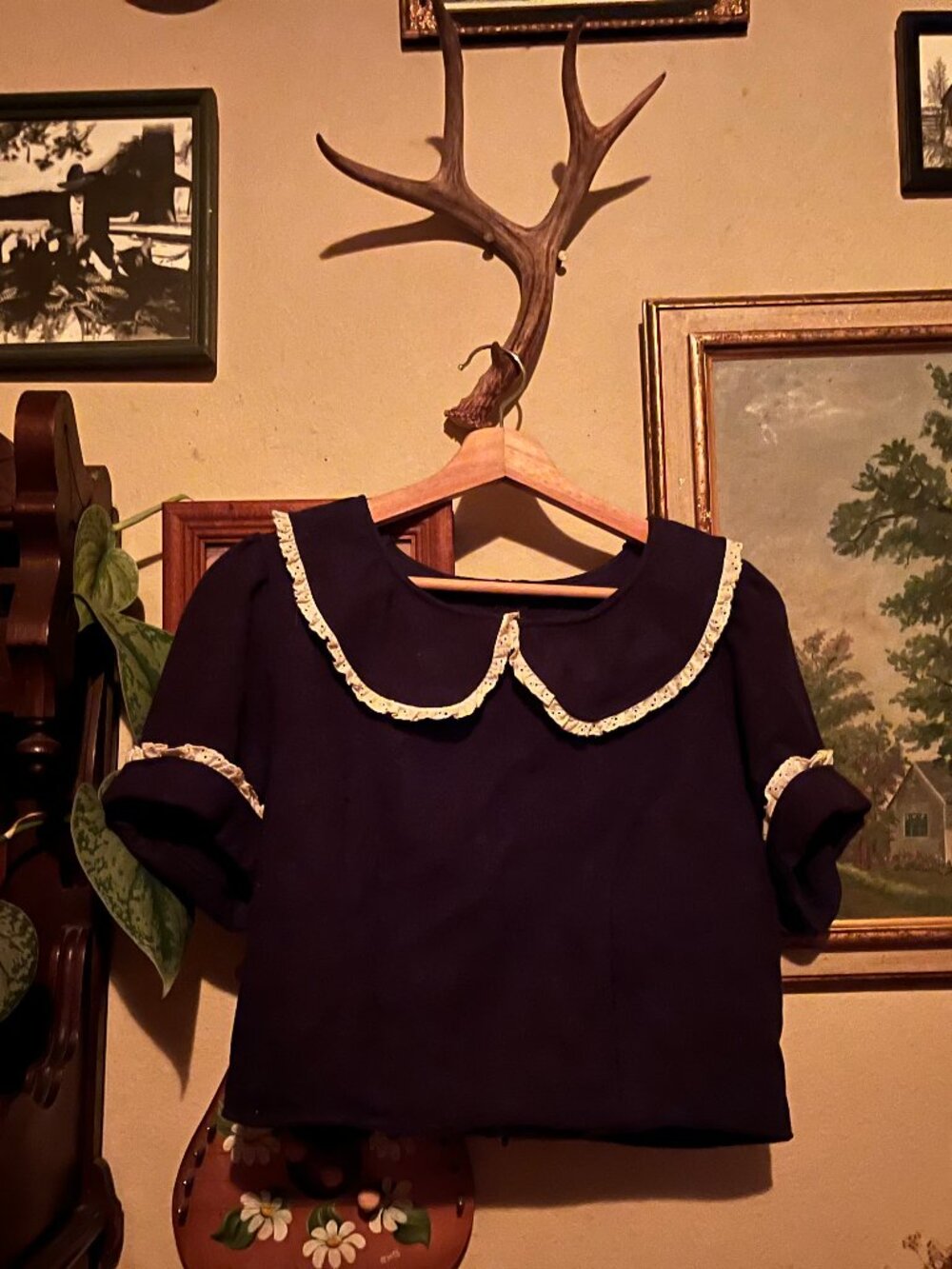 RevivALL Clothing Navy Cropped Top Peter Pan Collar